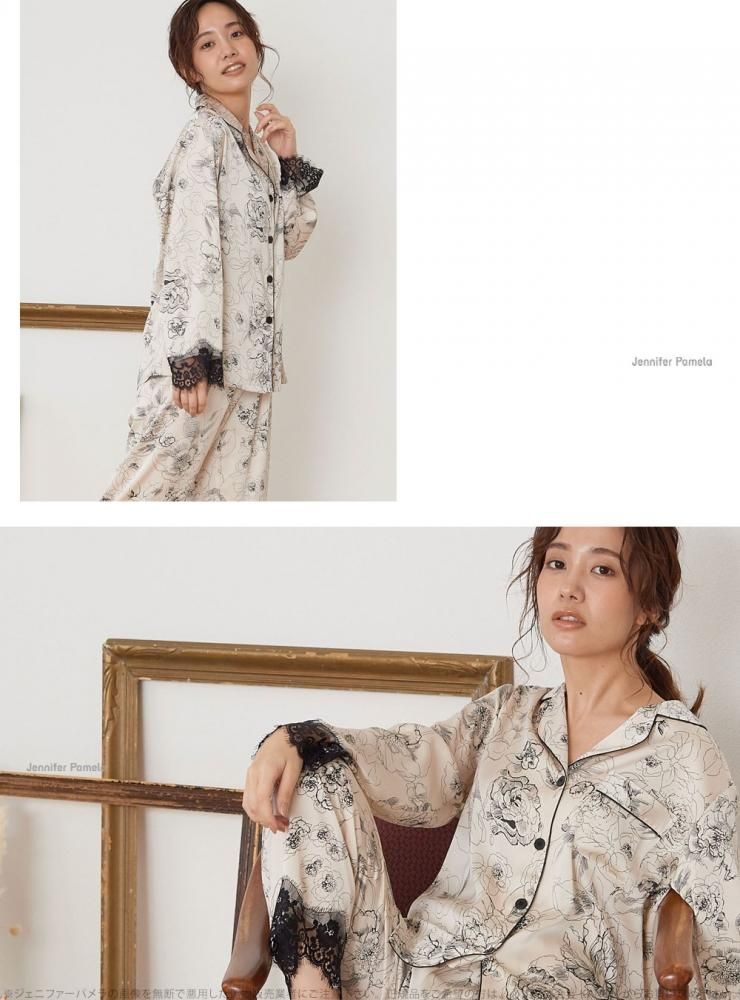 ルームウェア 上下セット ラソワル サテン 長袖 レディース M L XL パジャマ ジェニファーパメラ 花柄 レース Jennifer Pamela