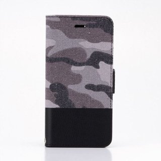 【iPhone SE(第2世代)】  カモフラージュ柄 フラップケース 手帳型 グレー×ブラック