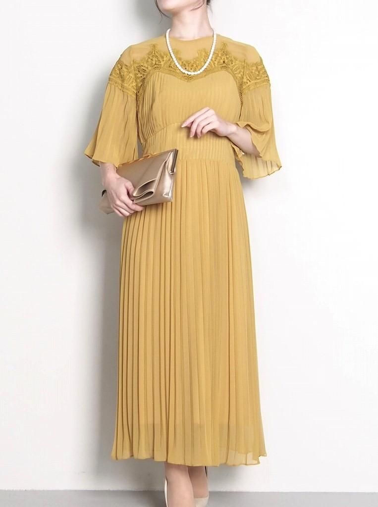 40代に似合うカラフル華やかドレス(結婚式ゲストドレス)レース&シフォンプリーツセミロングドレス(イエロー)