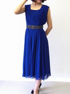 【販売】シルクジョーゼットベルト付きドレス（ブルー）【DR0212】