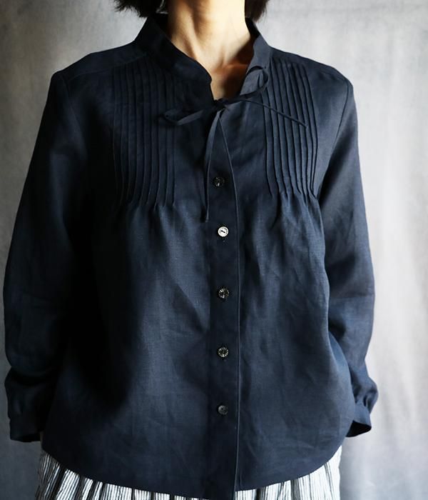 ピンタックリボンブラウス紺 天然素材の洋服屋cimicuri 手作りのリネン服 ちみくりオンラインストア ハンドメイドの日常着 ピンタックリボンブラウス紺 天然素材の洋服屋cimicuri 手作りのリネン服 ちみくりオンラインストア ハンドメイドの日常着