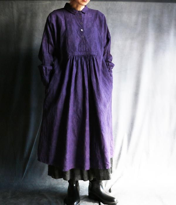 草木染5つボタンワンピース 紫 天然素材の洋服屋cimicuri 手作りのリネン服 ちみくりオンラインストア ハンドメイドの日常着
