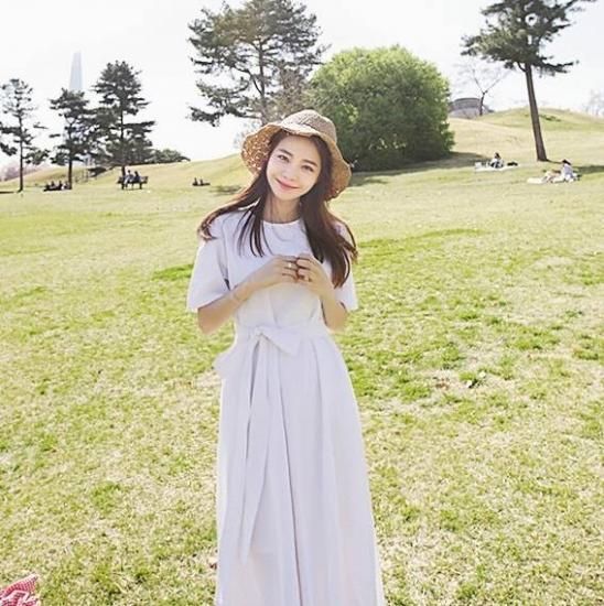 ワンピース大きいサイズ ウエストマークワンピース Aラインワンピース 韓国デザイン 韓国ファッション オルチャン 半袖 ミモレ丈 春服 春 春新作 新作 ワンピース 韓国プチプラファッション専門店 Leaflower リーフラワー