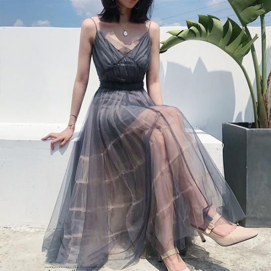 ロングワンピース 大きいサイズ ロングワンピース ゆったり キャミ ワンピース ロング チュールシアーワンピース チュール ワンピース 夏 ワンピース 春 ワンピース リゾート 韓国プチプラファッション専門店 Leaflower リーフラワー