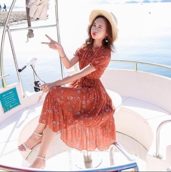 リゾート ロングワンピース レディース 花柄 シフォン ロング丈 ワンピ 夏 新作 リゾート サマードレス 半袖 スタンドカラー ガーリー リゾート ロング丈 ワンピース レディース シフォン ワンピ 韓国プチプラファッション専門店 Leaflower リーフラワー