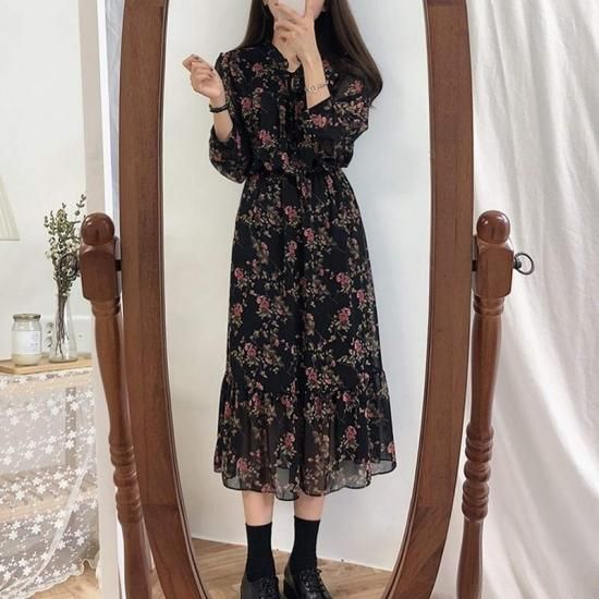 大きいサイズ ロングワンピース ロングワンピ ゆったりロングワンピース ロングワンピ 春新作 ロングワンピース 花柄 ロングワンピース S M L Xl 新作 花柄 ワンピース トレンド 韓国プチプラファッション専門店 Leaflower リーフラワー