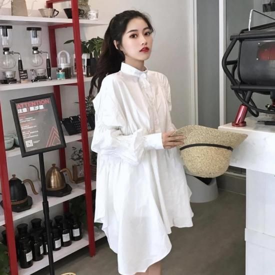 シャツワンピース シャツワンピ レディース 大きいサイズ ハイネック 長袖 アシンメトリー スカート ひざ丈 ワンピース 秋冬新作 秋 秋色 秋服 秋sale 韓国 シャツワンピース シャツワンピ 韓国プチプラファッション専門店 Leaflower リーフラワー