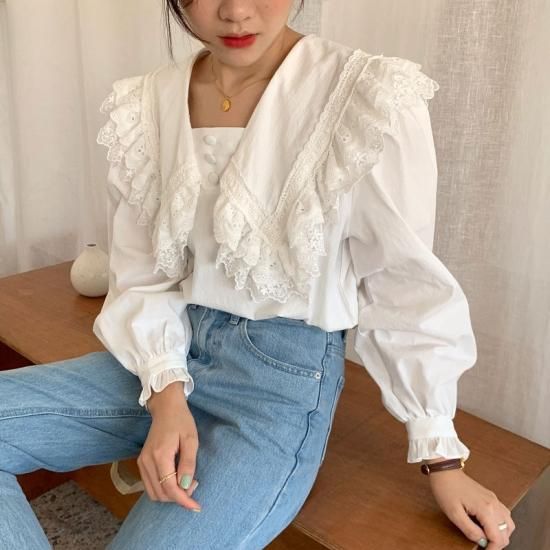 ブラウス シャツ レディース トップス ビッグカラー レース フリル ガーリー 可愛い ブラウス ホワイト シャツ 大きいサイズ 韓国 春新作 春 春色 春服 春sale ゆったり ブラウス シャツ 韓国プチプラファッション専門店 Leaflower リーフラワー