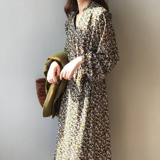 ワンピース ロング シャツワンピース シャツワンピ 花柄 春 春夏新作 春服 春物 Vネックミモレ丈 Aライン 長袖 ロングワンピース シャツワンピース シャツワンピ 花柄 春夏新作 春服 春物 夏服 韓国プチプラファッション専門店 Leaflower リーフラワー