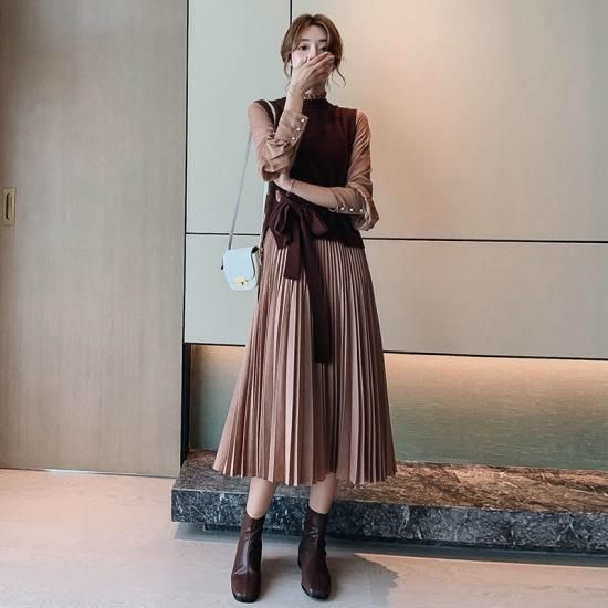 即納 ワンピース レディース ミモレ丈 長袖 大きいサイズ Iライン プリーツ スカート ワンピース レディース ミモレ丈 長袖 大きいサイズ Iライン プリーツ スカート ニット ベスト ウエス 韓国プチプラファッション専門店 Leaflower リーフラワー