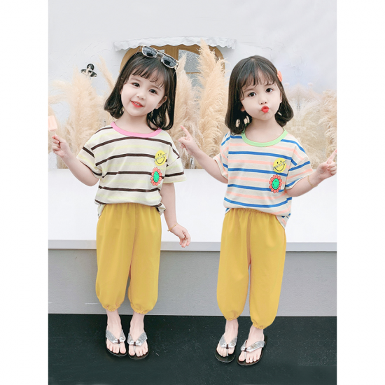 子供服女の子 セットアップ パンツ Tシャツ 半袖 ボーダー スマイル 花 春 夏 パンツ ２点セット カジュアル シンプル かわいい おしゃれ ブラック ブルー イエロー 可愛い キッズ 韓国プチプラファッション専門店 Leaflower リーフラワー