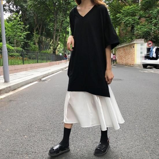 ワンピース ワンピ レディース 重ね着風 レイヤード Vネック 5分袖 ロング丈 Aラインワンピース モノクロ バイカラー 大きいサイズ 春夏 新作 春服 夏服 Sale ゆったり ワンピース ワンピ 韓国プチプラファッション専門店 Leaflower リーフラワー