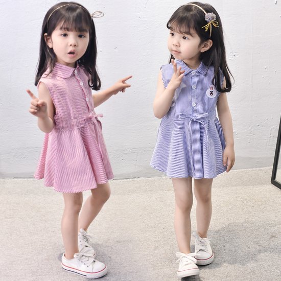 子供服 女の子 ワンピース ワンピ かわいい ストライプ柄 ノースリーブ シャツワンピース ウエストリボン ミニドレス 2カラー 春 夏 新作 春服  夏服 sale 子供服 女の子 ワンピース ワンピ - プチプラ韓国ファッション 可愛いお呼ばれワンピース プチプラオルチャンワンピース通販｜