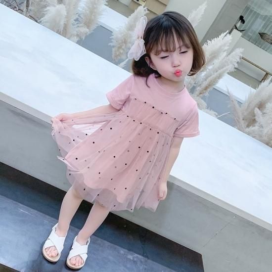 子供服 女の子 ワンピース キッズ かわいい ラウンドネック 半袖 ドット柄 水玉 レース 切替え チュール Tシャツ ワンピース 春 夏新作 春服 夏服 Sale 子供服 女の子 ワンピース キッズ 韓国プチプラファッション専門店 Leaflower リーフラワー