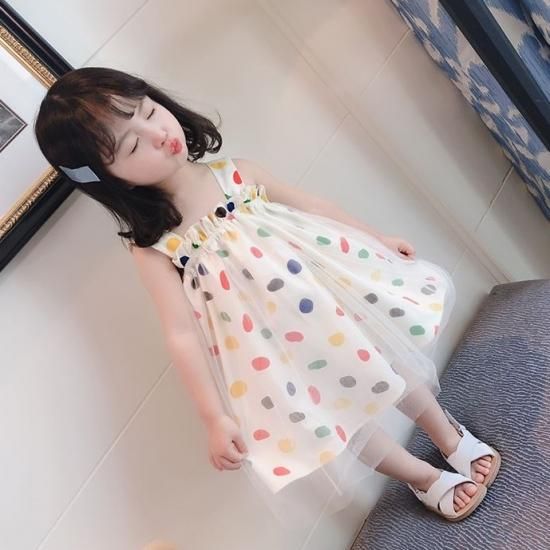 子供服 女の子 ワンピース ワンピ かわいい ノースリーブ ワンピース マルチカラー ドット柄 水玉 チュールレース キャミワンピ 春夏 新作 春服 夏服 Sale 子供服 女の子 ワンピース ワンピ 韓国プチプラファッション専門店 Leaflower リーフラワー