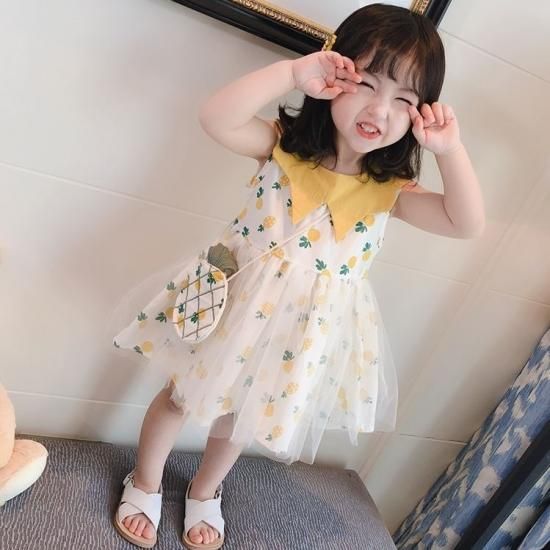 子供服 女の子 ワンピース かわいい パイナップル柄 プリントワンピ ノースリーブ チュール ワンピ ポシェット付き 大きいサイズ キズ 春 夏 新作  春服 夏服 sale 子供服 女の子 ワンピース - プチプラ韓国ファッション 可愛いお呼ばれワンピース プチプラオルチャンワンピース通販｜ ...