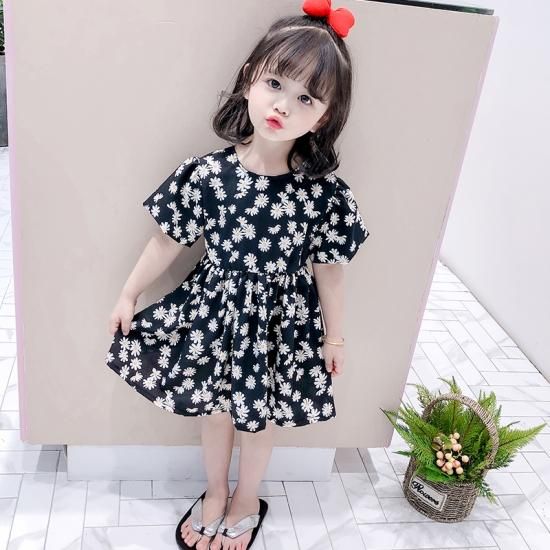 子供服 女の子 ワンピース 可愛い ラウンドネック 半袖 フラワープリント 花柄 シフォンワンピース 夏ワンピ よそ行き 幼児服 キッズ服 春夏 新作 春服 夏服 Sale 子供服 女の子 ワンピース 韓国プチプラファッション専門店 Leaflower リーフラワー