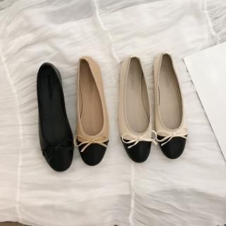 シューズ パンプス レディース 靴 シューズ リボン ラウンドトゥ フラット シューズ ブラックトゥ ツートン ローヒール パンプス バレエシューズ 大きいサイズ 秋 冬 新作 靴 シューズ パンプス