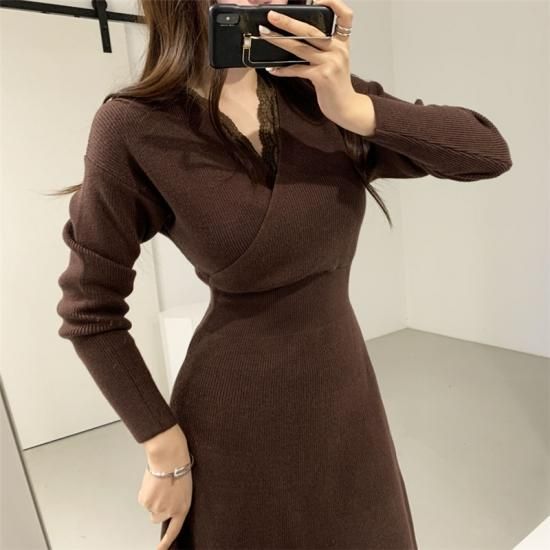 Vネックワンピース ラップ風 リブニット 長袖 ひざ丈 セクシー Vネックワンピース ラップ風 リブニット 長袖 ひざ丈 セクシー