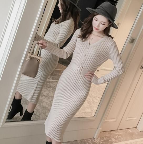 タイトワンピース ニットワンピース タイト ニット Vネック 膝丈 大きいサイズ 秋冬 冬服 冬スペシャルセール ニットワンピ タイトワンピース ニットワンピース タイト ニット Vネック 膝丈 韓国プチプラファッション専門店 Leaflower リーフラワー