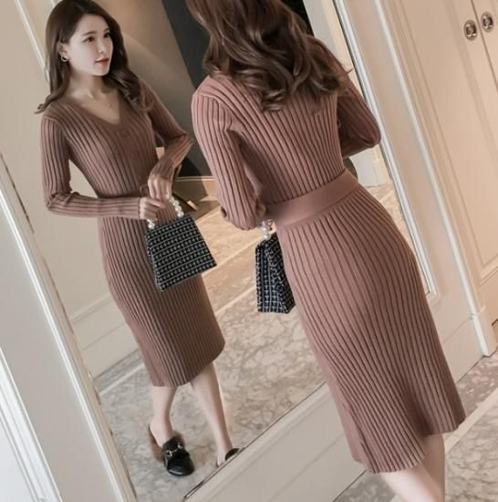 タイトワンピース ニットワンピース タイト ニット Vネック 膝丈 大きいサイズ 秋冬 冬服 冬スペシャルセール ニットワンピ タイトワンピース ニットワンピース タイト ニット Vネック 膝丈 韓国プチプラファッション専門店 Leaflower リーフラワー
