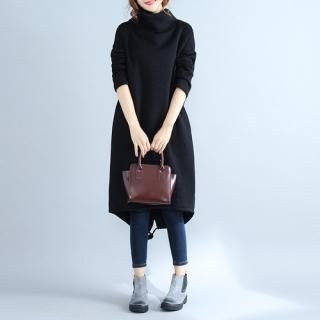 ワンピース レディースワンピース レディース ミディ丈ワンピース 膝丈ワンピース ハイネック カジュアルワンピース スリットポケット 後ろ下がり バックデザイン ドロスト シンプル 裏起毛