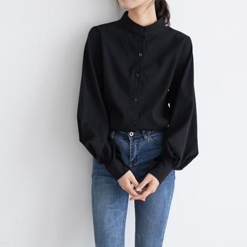 ブラウス レディース ノーカラー シャツ ボリューム 袖 シンプル 無地 ハイネック 韓国 ファッション ボリュームスリーブ ブラウス レディース ノーカラー シャツ ボリューム 袖 シンプル 無地 - プチプラ韓国ファッション 可愛いお呼ばれワンピース プチプラオルチャンワンピース通販|