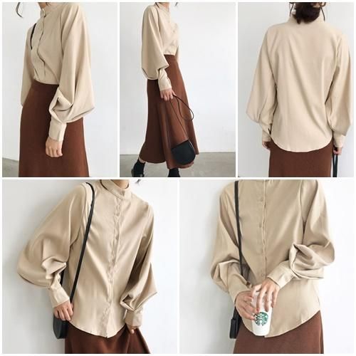 ブラウス レディース ノーカラー シャツ ボリューム 袖 シンプル 無地 ハイネック 韓国 ファッション ボリュームスリーブ ブラウス レディース ノーカラー シャツ ボリューム 袖 シンプル 無地 - プチプラ韓国ファッション 可愛いお呼ばれワンピース プチプラオルチャンワンピース通販|