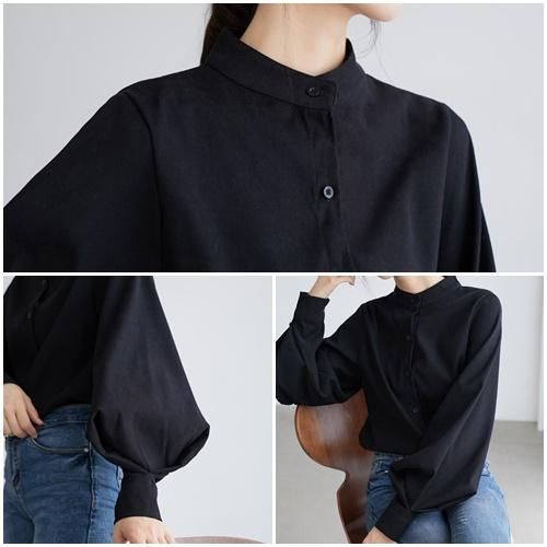 ブラウス レディース ノーカラー シャツ ボリューム 袖 シンプル 無地 ハイネック 韓国 ファッション ボリュームスリーブ ブラウス レディース ノーカラー シャツ ボリューム 袖 シンプル 無地 - プチプラ韓国ファッション 可愛いお呼ばれワンピース プチプラオルチャンワンピース通販|