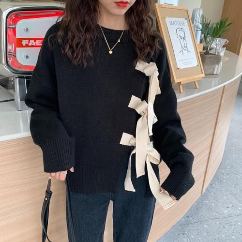 セーター ニット リボン 秋冬新作 ゆったり 体型カバー フェミニン 韓国 ファッション 10代 代 ニット レイヤード 重ね着 秋 冬 セーター ニット リボン 秋冬新作 ゆったり 体型カバー 韓国プチプラファッション専門店 Leaflower リーフラワー