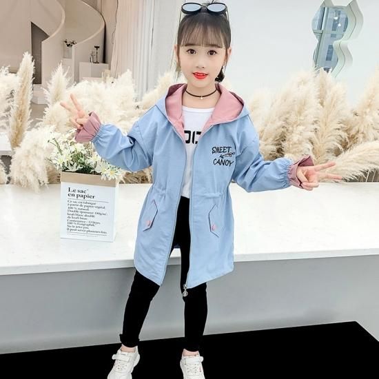 ウィンドブレーカー ガールズ レディース 女の子 子供用 カラバリ 2色 ピンク ブルー 春 秋冬 新作 ミドル丈 フロントジッパー フード付き ロゴ 耳付きフード ウエスト絞り ポケット 可愛い プチプラ韓国ファッション 可愛いお呼ばれワンピース プチプラオルチャン