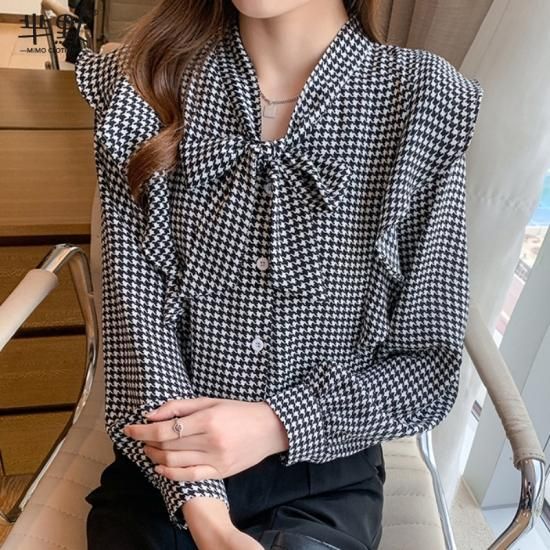 千鳥格子ブラウス シャツ レディーストップス レディース 大きいサイズ レディースブラウス トップス ブラウス シャツ ゆったり 千鳥格子 チェック柄 大きいサイズ 春 夏 新作 韓国 - プチプラ韓国ファッション 可愛いお呼ばれワンピース プチプラオルチャンワンピース通販|