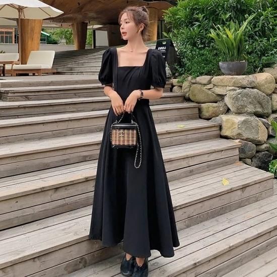 ワンピース 夏スタイル パフスリーブ Aライン ロング丈 スクエア 半袖ワンピース レディース スクエアネック 大きいサイズ レトロ