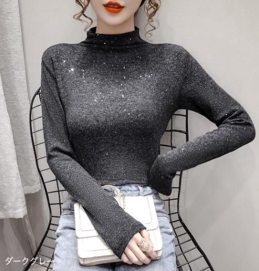 ハーフタートルネックシャツ トップス 長袖 ブラウス カットソー ハイネック レディース ナチュラル スパンコール フィット インナー スリム ハーフタートルネックシャツ トップス 長袖 ブラウス - プチプラ韓国ファッション 可愛いお呼ばれワンピース プチプラオルチャンワンピース通販|