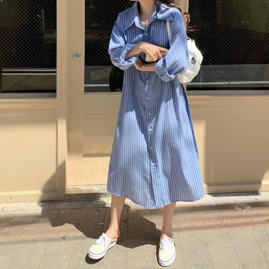 ワンピース レディース ロング 長袖 ストライプ ワンピ シャツ シャツワンピース ロング丈 羽織 ストライプ 春 夏 秋 シンプル カジュアル 大人 上品 ウエストリボン リラックス かわいい, - プチプラ韓国ファッション 可愛いお呼ばれワンピース プチプラオルチャンワンピース通販|