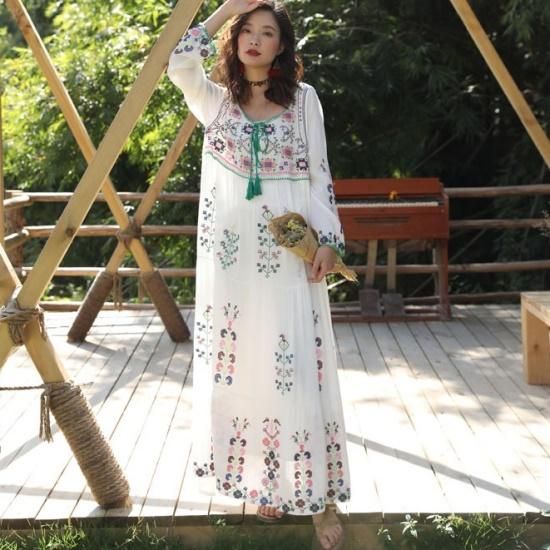 ワンピース ボヘミアン 刺繍 レディース 韓国 ファッション 花柄