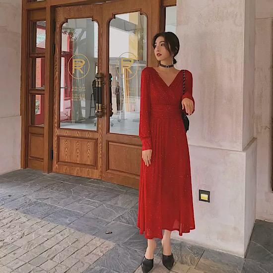 結婚式ドレス フレンチ Vネック デコルテ 長袖 シンプル ハイ