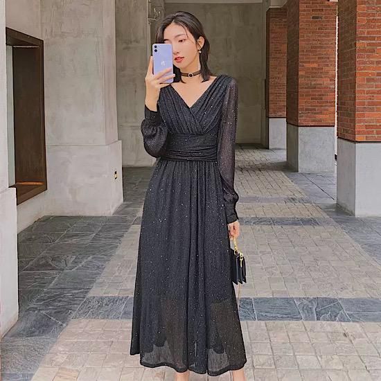 結婚式ドレス フレンチ Vネック デコルテ 長袖 シンプル ハイ