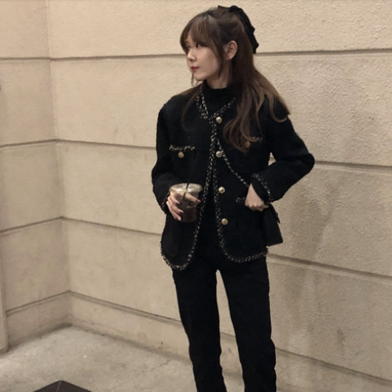 ツイードジャケット レディース ジャケット 羽織 アウター ゴールドボタン ノーカラー ブラック 長袖 きれいめ エレガント おしゃれ お出掛け フォーマル ゆったり 黒 ツイードジャケット アウター - プチプラ韓国ファッション 可愛いお呼ばれワンピース プチプラオルチャンワンピース通販|
