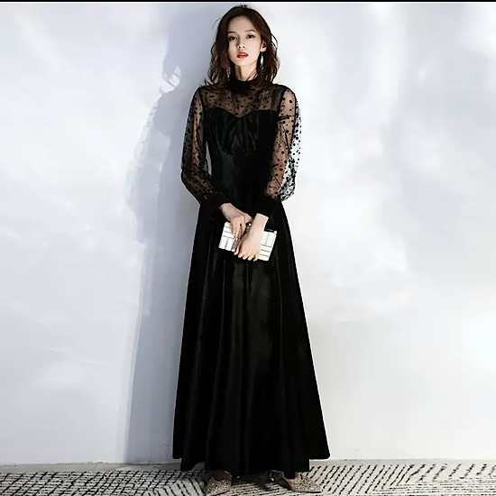 購入公式サイト 高級質感黒の長袖イブニングドレス レディースドレス