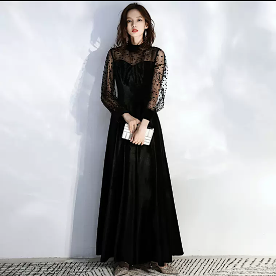 ベルベット ドレス ロング袖 体型カバー 韓国ファッション 演奏会ドレス イブニングドレス フレンチ ベルベット 長袖