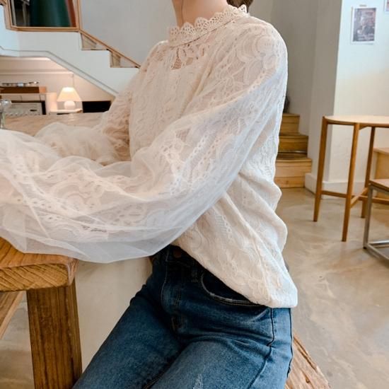 XL パフスリーブ 白 レース ブラウス ボリューム袖 カットソー ⑮Ⅱ