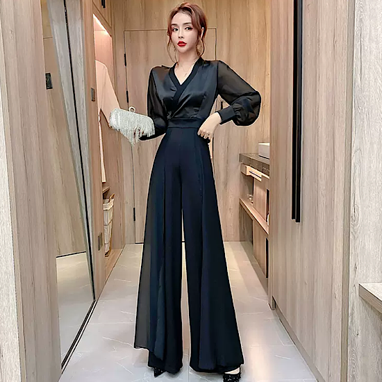 結婚式ドレス パンツドレス ワイドレッグ シフォン 長袖 ハイネック