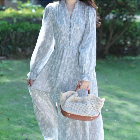シフォンワンピース レディース ワンピース 総柄 長袖 Vネック 春夏