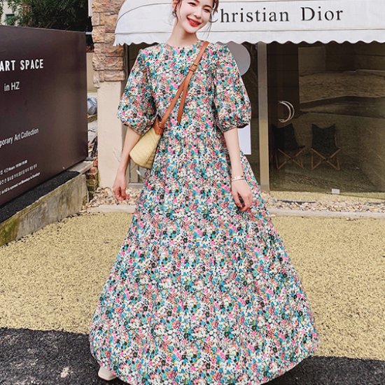 花柄ワンピース レディース ワンピース ロングワンピース 半袖ワンピース パフスリーブ 小花柄 フラワー フローラル ラウンドネック プリントワンピース プルオーバー カジュアル お出かけ おしゃれ - プチプラ韓国ファッション 可愛いお呼ばれワンピース プチプラオルチャンワンピース通販|