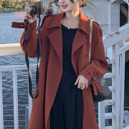 ロングコート レディース アウター 羽織 コート ロング丈 襟あり スーツ襟 カジュアル お出かけ おしゃれ きれいめ エレガント ウエストベルト ダブルブレスト ボタン シンプル 無地 ファッション - プチプラ韓国ファッション 可愛いお呼ばれワンピース プチプラオルチャンワンピース通販|