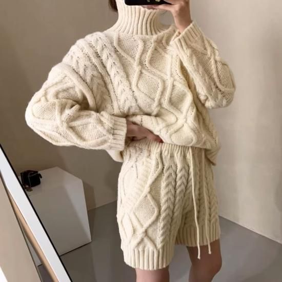 セットアップ ケーブルニット ハイネックセーター ハーフパンツ セール】【ニットセットアップ】ハイネックケーブルニット