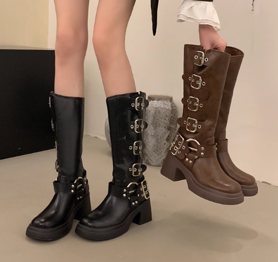 【KOMOREBI MUSEUM】2wayラムバックルミドルブーツ◆韓国人気 ミドルブーツ レディース ブーツ 靴 シューズ 厚底ブーツ 太