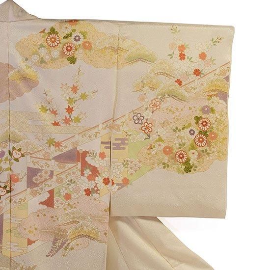 吉澤の友禅 吉田簑助 訪問着(生成色に四季花と幔幕・雲取り文様 吉澤の友禅 吉田簑助 訪問着(生成色に四季花と幔幕・雲取り文様