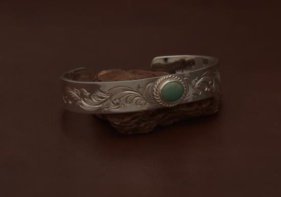 B-019 TQ唐草平打ちバングル 12mm - Dear Blossom B-019 TQ唐草平打ちバングル 12mm - Dear Blossom